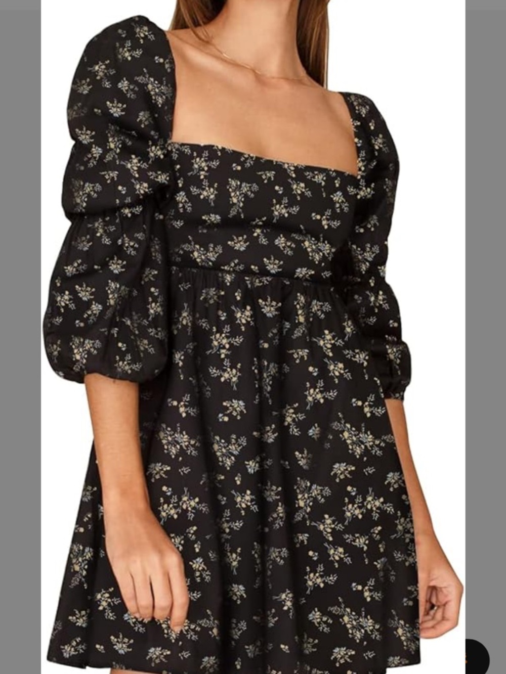 Exlura Black Floral Square-Neck Long Sleeve Dress